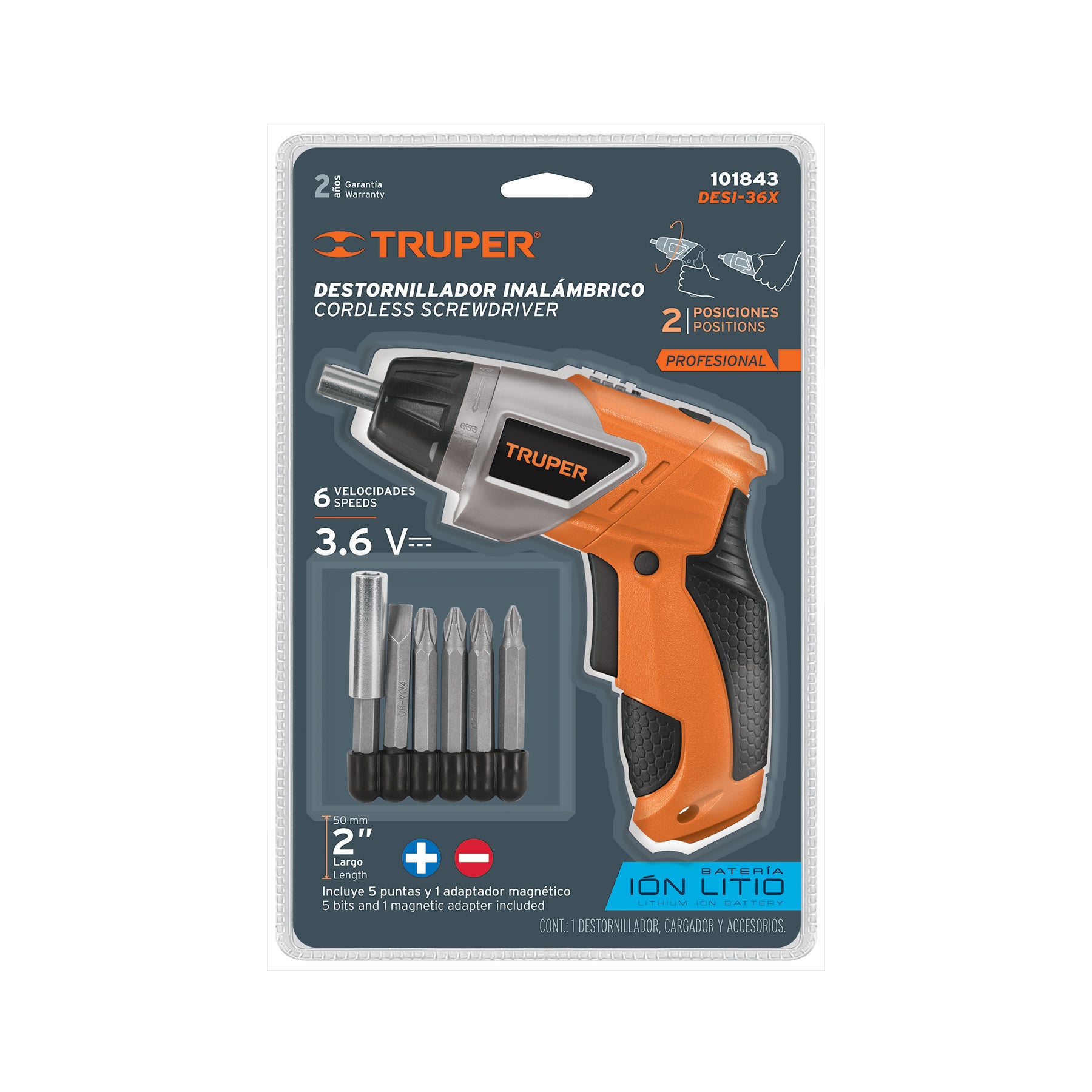 Destornillador inalámbrico 3.6v 2 posiciones Truper