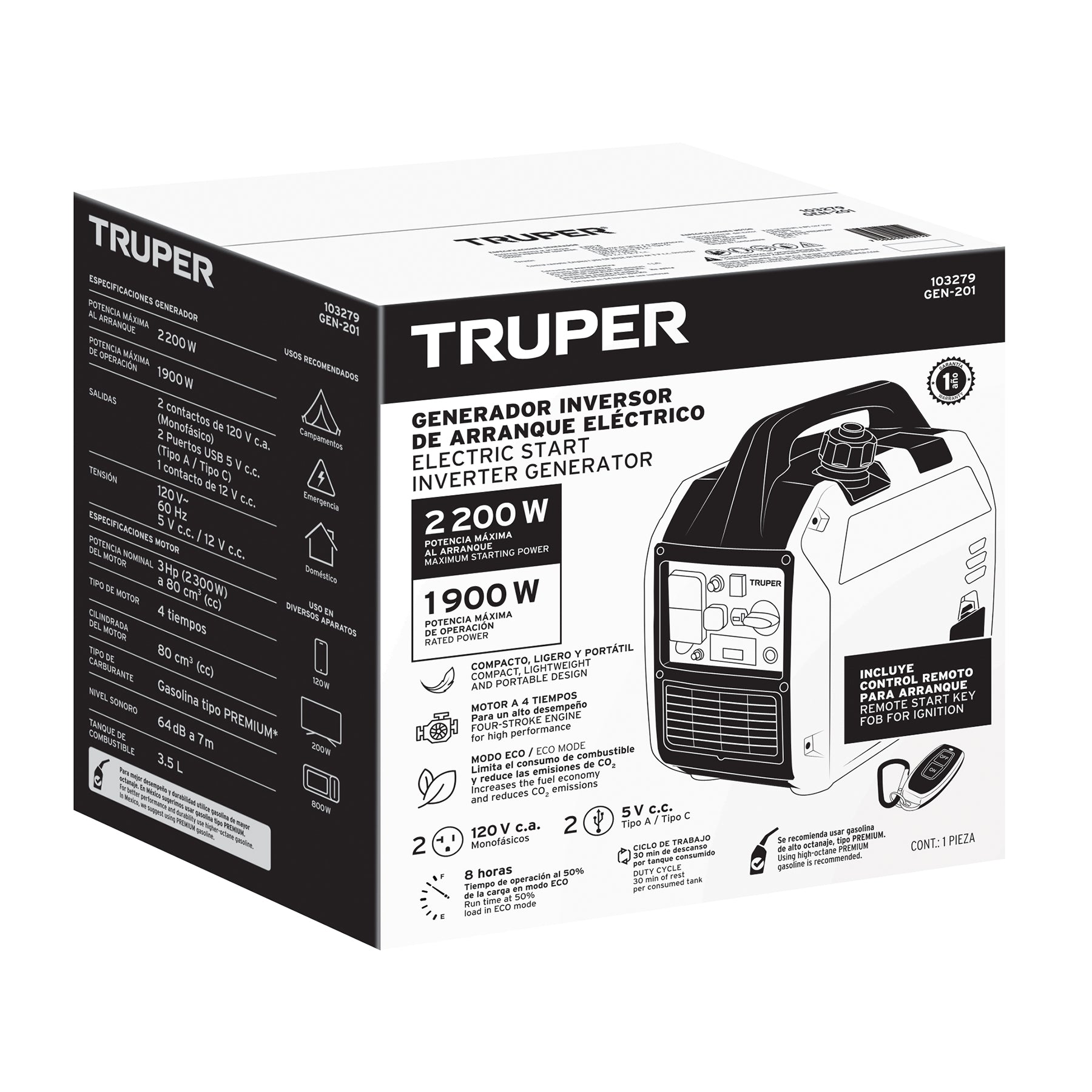 Generador silencioso inverter 2,200W enc. electronico Truper