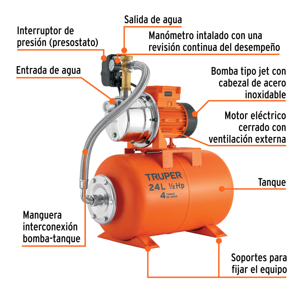 Bomba hidroneumática 1/2 hp 24 litros Truper