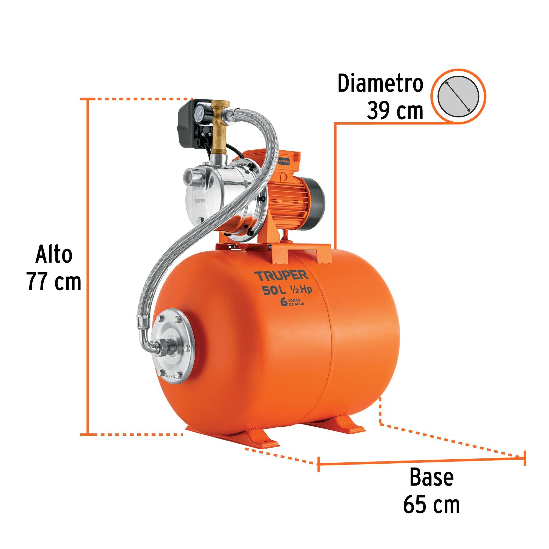 Bomba hidroneumática 1/2 hp 50 litros Truper