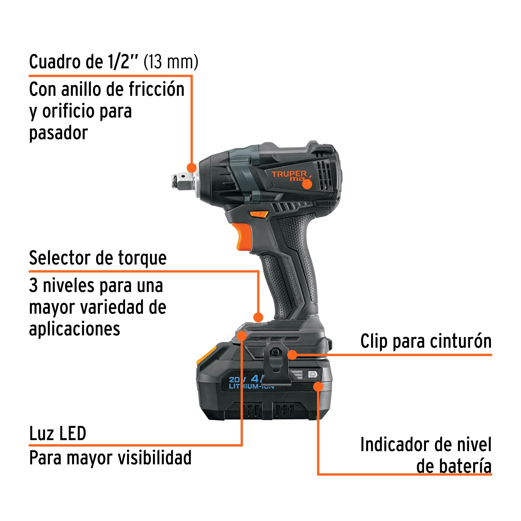 Llave de impacto inalámbrico 20v Truper Max