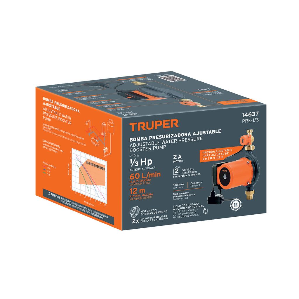 Bomba presurizadora 1/3 hp con sensor Truper