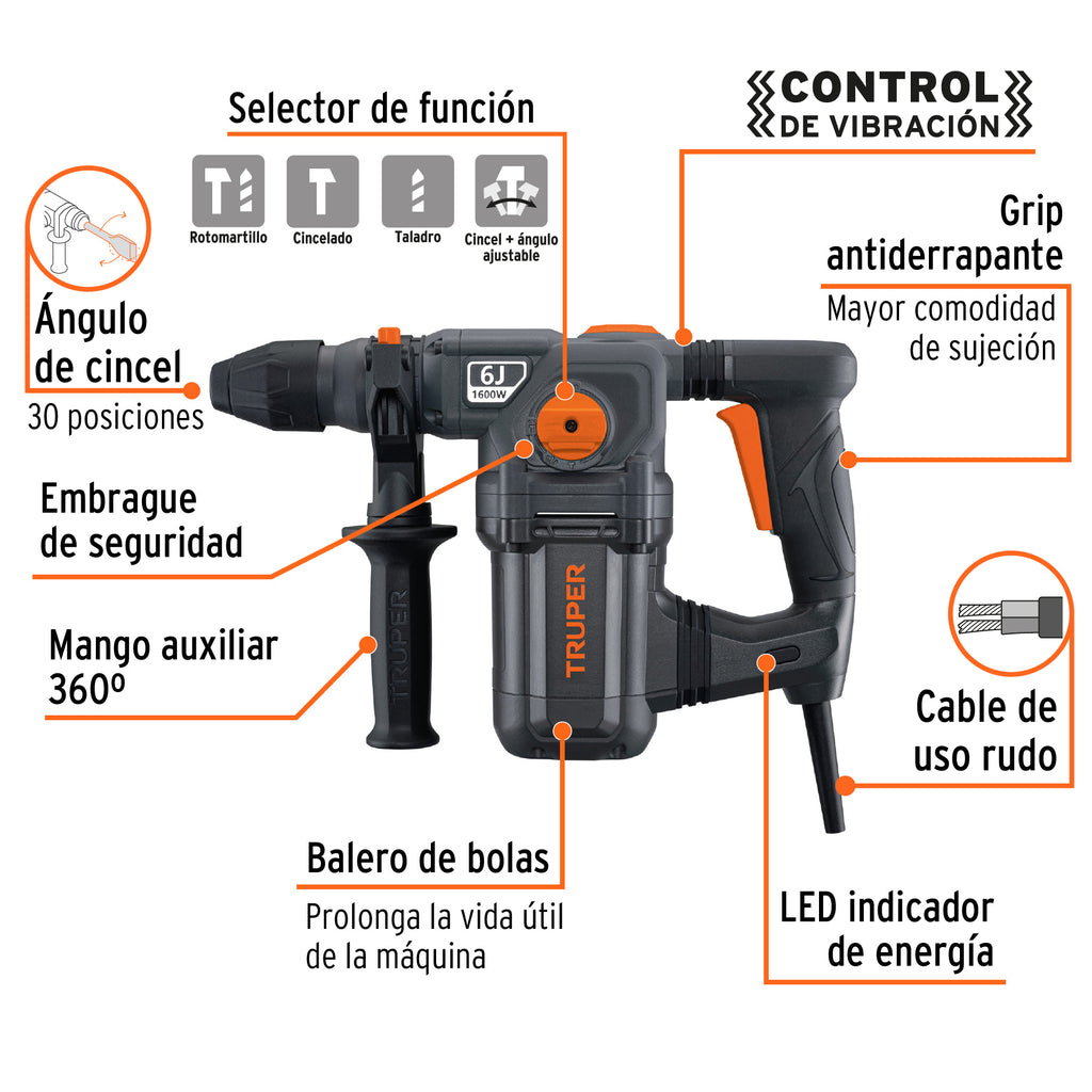 Rotomartillo SDS Plus/Destornillador 6 Joules 1,600W Truper